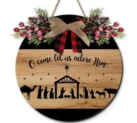 Horienteeon Cartello in legno da appendere con scritta "Oh Come Let Us Adore Him", cartello rustico per presepe per porta d'ingresso, cartello rotondo in legno per decorazione da parete per portico in