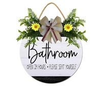 Horienteeon Cartello per porta d'ingresso del bagno, con scritta in inglese "Open 24 Hours", da appendere alla parete, rustica, rotonda, in legno, per tutte le stagioni, decorazione per bagno, 30,5 cm