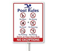 Horienteeon Cartello "Pool Rules No Diving No Glass Sign, No Food No Pushing No Running No Peeing in Pool Swim at Your Own Risk Yard Sign with Stakes 11,5 × 15 CM, Robusto cartello da cortile in
