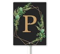 Horienteeon Ghirlande con monogramma nero lettera P Yard Sign con paletti 11,5 × 15 cm, robusto cartello da cortile in alluminio antiruggine, cognome di famiglia per cancello da giardino, prato
