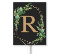 Horienteeon Ghirlande con monogramma nero lettera R Cartello da cortile con paletti 11,5 x 15 cm, robusto cartello in alluminio antiruggine, cognome di famiglia per cancello da giardino, prato