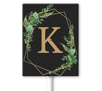 Horienteeon Ghirlande monogramma nero lettera K Yard Sign con paletti 11,5 × 15 cm, robusto cartello da cortile in alluminio antiruggine, cognome di famiglia per cancello da giardino, prato esterno,