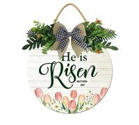 Horienteeon He Is Risen cartelli per porta d'ingresso fuori Pasqua Gesù Dio religioni fede Bibbia versi decorativi da parete in legno per esterni interni finestra parete cortile decorazioni per la