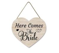 Horienteeon Here Comes The Bride, cartello in legno a forma di cuore, decorazione rustica per matrimoni, cartello per damigella di fiori, anello portatore di cerimonie di fidanzamento e sposa, 30 x 27