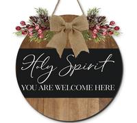 Horienteeon Ornamento natalizio da appendere alla porta, rustico, con scritta in lingua inglese Holy Spirit You Are Welcome Here, decorazione natalizia, ghirlanda in legno, da appendere, per portico