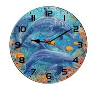 Horienteeon Orologio da parete a forma di delfino, con pesci tropicali colorati sotto il mare, in legno, decorativo, a batteria, al quarzo, silenzioso, per camera da letto, soggiorno, cucina, bar