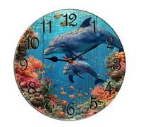 Horienteeon Orologio da parete a forma di delfino, in legno, colorato, con pesci tropicali sotto il mare, per cucina, bagno, silenzioso, senza ticchettio, orologio decorativo a batteria, per casa