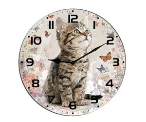 Horienteeon Orologio da parete a forma di gatto con gattino e farfalla, in legno, accurato, decorativo, silenzioso, senza ticchettio, per bagno, camera da letto, soggiorno, cucina, da appendere alla