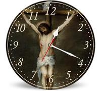 Horienteeon Orologio da parete con la croce di Gesù, silenzioso, senza ticchettio, funzionamento a batteria, 25 cm, rustico, fattoria, prega, cristiani, orologi da parete per camera da letto, bagno