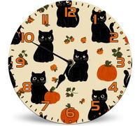 Horienteeon Orologio da parete con motivo gatto nero e zucca, 25 cm, silenzioso, senza ticchettio, decorazione per la casa e l'aula di Halloween, funzionamento a batteria, per soggiorno, camera da