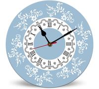 Horienteeon Orologio da parete con motivo retrò francese blu divertente decorativo a batteria - 25 cm, orologio rotondo con decorazione floreale silenziosa senza ticchettio per soggiorno, camera da