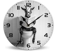 Horienteeon Orologio da parete in legno con capra che legge il giornale, 25 cm, funzionamento a batteria, senza ticchettio, orologio da parete rustico primaverile estivo per decorazione del bagno di