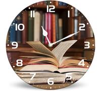 Horienteeon Orologio da parete in legno con decorazione libri, 25 cm, silenzioso, senza ticchettio, funzionamento a batteria, stile rustico, per biblioteca, orologio da parete per la decorazione della