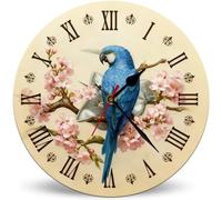 Horienteeon Orologio da parete in legno da 25 cm, vintage con pappagallo blu e fiori di ciliegio, orologi da parete in legno, silenzioso, senza ticchettio, funzionamento a batteria, rotondo, per la