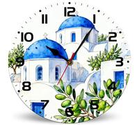 Horienteeon Orologio da parete in stile mediterraneo architettura, orologio da casa 25 cm silenzioso senza ticchettio movimento al quarzo orologio da parete in legno rotondo a batteria orologio da