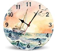 Horienteeon Orologio da parete per bagno 25 cm, rustico, funzionamento a batteria, silenzioso, senza ticchettio, in legno, onde del vento, gabbiani, barche a vela, orologio per cucina, soggiorno