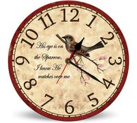 Horienteeon Orologio da parete per soggiorno, con scritta in inglese "His Eye Is On The Sparrow", funzionamento a batteria, 25 cm, rustico, con uccellino, per camera da letto, bagno, soggiorno
