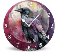 Horienteeon Orologio da parete rotondo in legno ad acquerello con corvo e luna, funzionamento a batteria, silenzioso, senza ticchettio, 25 cm, orologio decorativo in legno retrò per soggiorno, cucina