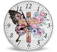 Horienteeon Orologio da parete rotondo in legno con farfalla, fiore, croce, fede, funzionamento a batteria, silenzioso, senza ticchettio, 25 cm, preghiere cristiani, orologio decorativo per cucina