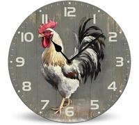 Horienteeon Orologio da parete rotondo in legno rustico con gallo alimentato a batteria, silenzioso, senza ticchettio, 25 cm, stile rustico rustico, per camera da letto, bagno, soggiorno, ufficio,