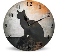Horienteeon Orologio da parete rustico in legno con gatto nero 25 cm, silenzioso, senza ticchettio, a batteria, decorazione rustica della fattoria, orologi da parete per ufficio, soggiorno,