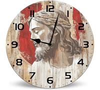 Horienteeon Orologio da parete rustico in legno con Gesù in preghiera, 25 cm, funzionamento a batteria, senza ticchettio, orologi da parete in stile rustico per bagno in fattoria, cucina, soggiorno,