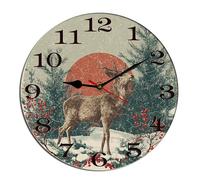 Horienteeon Orologio da parete vintage con renna di Natale, agrifoglio, decorazione da scrivania, in legno, decorazione decorativa a batteria, per soggiorno, camera da letto, bagno, fattoria, rotondo