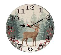 Horienteeon Orologio da parete vintage con renna di Natale, agrifoglio, decorazione da scrivania, in legno, decorazione decorativa a batteria, per soggiorno, camera da letto, bagno, fattoria, rotondo