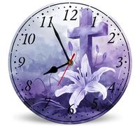 Horienteeon Orologio da parete viola con giglio incrociato, 25 cm, silenzioso, senza ticchettio, decorazione per la casa e l'aula, rustico, Gesù prega i cristiani, orologi da parete per cucina
