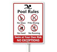 Horienteeon Pool Rules Swim at Your Own Risk No Expections Cartello da cortile con paletti 11,5 x 15 cm, robusto cartello in alluminio antiruggine, cartello per le regole della piscina, cartello per