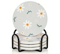 Horienteeon Set di 4 sottobicchieri con supporto in metallo, set di sottobicchieri in ceramica a forma di margherita, 10,3 cm, con base in sughero, per cottage, decorazione per la casa, sottobicchiere
