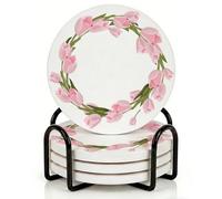 Horienteeon Set di 4 sottobicchieri con supporto in metallo, set di sottobicchieri in ceramica con corona di fiori di ciliegio, 10,3 cm, con base in sughero, per decorazione della cucina primaverile