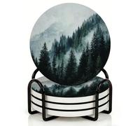 Horienteeon Set di 4 sottobicchieri con supporto in metallo, set di sottobicchieri in ceramica con nebbia forestale, 10,3 cm, con base in sughero, per decorazioni rustiche della casa, sottobicchieri