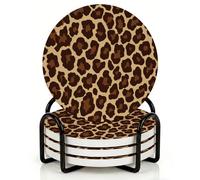 Horienteeon Set di 4 sottobicchieri con supporto in metallo, sottobicchieri in ceramica con stampa leopardata marrone scuro, sottobicchieri assorbenti da 10 cm, con retro in sughero, sottobicchieri