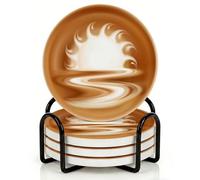 Horienteeon Set di 4 sottobicchieri con supporto in metallo, sottobicchieri in ceramica da 10,3 cm con base in sughero, set di sottobicchieri con fiamma ardente per latte art per tipi adatti di tazze