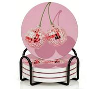 Horienteeon Set di 4 sottobicchieri con supporto in metallo, sottobicchieri in ceramica da 10,3 cm con base in sughero, set di sottobicchieri vintage a forma di civetta e borsa a rete, per decorazioni