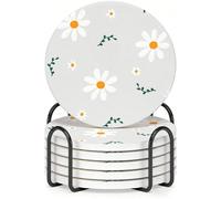 Horienteeon Set di 6 sottobicchieri con supporto in metallo, set di sottobicchieri in ceramica a forma di margherita, 10,3 cm, con base in sughero, per cottage, decorazioni per la casa, sottobicchiere