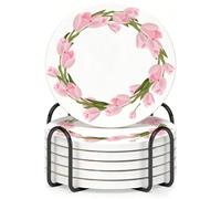 Horienteeon Set di 6 sottobicchieri con supporto in metallo, set di sottobicchieri in ceramica con corona di fiori di ciliegio, 10,3 cm, con base in sughero, per decorazione della cucina primaverile