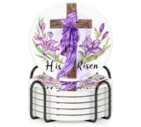 Horienteeon Set di 6 sottobicchieri con supporto in metallo, set di sottobicchieri in ceramica con croce pasquale, 10,3 cm, con base in sughero, per decorazioni religiose festive, sottobicchieri