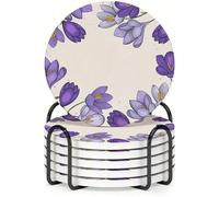 Horienteeon Set di 6 sottobicchieri con supporto in metallo, set di sottobicchieri in ceramica viola con croco da 10,3 cm, con base in sughero per decorazioni primaverili, sottobicchiere antiscivolo