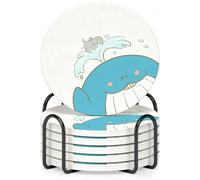 Horienteeon Set di 6 sottobicchieri con supporto in metallo, simpatici sottobicchieri in ceramica con motivo balena, 10,3 cm, con base in sughero, per decorazioni per la casa costiera, sottobicchiere