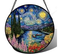 Horienteeon Starry Night Lake - Vetrata da appendere alla finestra, 20 cm | Con struttura in metallo e catena, decorazione con lago notturno stellato, decorazione da parete per finestra paesaggistica
