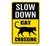 Horienteeon Targa in alluminio, 20 x 30 cm, robusta, antiruggine, "Slow Down - Cat Crossing", stile vintage, giallo