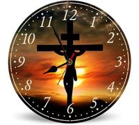 Horienteeon The Twilight of Jesus' Cross Orologio da parete in legno, 25 cm, silenzioso, senza ticchettio, funzionamento a batteria, rustico Gesù prega cristiani orologio da parete decorativo per