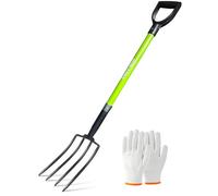 HORIJUNKE Forchetta da giardino, forcone a 4 denti, forcella da scavo a vanga, impugnatura a Y in acciaio forgiato, manico in legno, 114 cm