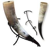 Hornerey Trinkhorn T05S Vichingo da 0,5 l con Supporto in Ferro battuto, Vero Corno Medievale, Methorn, Larp, Bere
