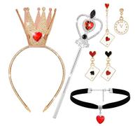 Horolam 5PCS Accessori per il costume da regina, Set di costumi da regina con cuore rosso con corona d'oro fascia regina bacchetta cuore collana e orecchini per le donne ragazze per Cosplay Dress up