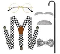 Horolam 7PCS Accessori per il costume da uomo anziano, Set di accessori per il costume da nonno anziano con barba finta, sopracciglia, occhiali d'oro e bretelle per la canna da passeggio