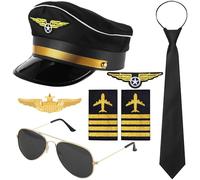 Horolam Accessori per costume da capitano pilota, kit con cappello da capitano pilota, spilla, distintivo, spalline, occhiali da sole, per adulti e uomini, per feste e travestimenti (7 pezzi)