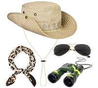 Horolam Set di accessori per costume da safari, 4 pezzi, cappello da safari, esploratore e custode dello zoo, con sciarpa leopardata, binocolo verde, per donne